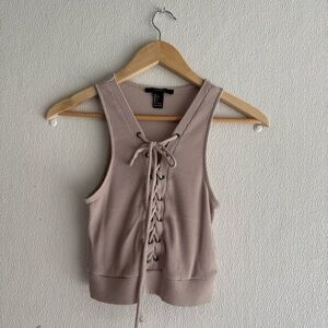 Forever 21 Lace-Up Ribbed Tank Top - Tan
